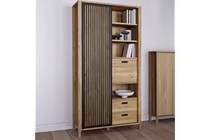 ‎FORTE Forte JYTANA Schrank 100 105, skandinavischer Schrank mit 3 Schubladen, 2 Türen und 3 Regalfächern, Mauvella Eiche Holzdekor/Schwarz, 103,4 cm breit x 200,3 cm hoch x 40,2 cm tief