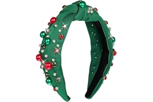 GREVOSEA Christmas Headbands for Women, Pearl Knotted Headband Xmas Red Green Pearl Rhinestone Crystal Jeweled Hairband Fashion Elegant Wide Top Knot Hair Accessories for Holiday Outfits Gifts(Green)