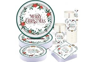 LATERN 102 Pezzi Stoviglie di Carta per Feste Natalizie, 25 x 9 Pollici Piatti Piani, 25 x 7 Pollici Piatti da Insalata, 25 x Tazze, 25 x Tovaglioli, 2 x Tovaglie - per Natale Feste Decorazioni