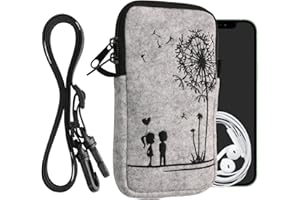 kwmobile Handytasche für Smartphones L - 6,5" - Filz Handy Hülle Schwarz Hellgrau - Handy Tasche mit Kette 16,5 x 8,9 cm Innenmaße - Pusteblume Love