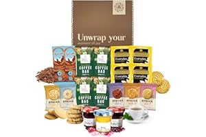 A AMOUSA Afternoon Tea Hamper & Tea Gift Set – Tea and Coffee Hamper Gift with Teabags, Coffee Bags, Hot Chocolate, Mini Jams+Honey & Biscuits Food gifts for Women & Men, Letterbox Gifts for her