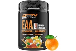GEN GERMAN ELITE NUTRITION Polvere EAA 532 g (38 porzioni) - Tutti i 9 aminoacidi essenziali incl. istidina e BCAA - Formula Human Code - Vegano - Molto solubile - Bevanda di amminoacidi rinfrescante (Sweet Orange)