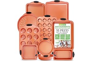 Nutrichef Set da 10 Pezzi di Teglie da Forno Antiaderenti in Rame, Teglie Forno in Acciaio al Carbonio con Teglie per Biscotti, Plumcake, Muffin, Crisper, Torte e Arrosti, Facili da Pulire