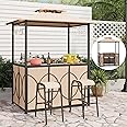 TANGZON 3PCS BBQ Grill Gazebo with Outdoor Bar Set, Patio Gazebo Canopy with Tempered Glass Bar Table, 2 Bar Stools, Storage Shelves, Glass Holders, Double-roof Gazebo Sun Shelter for Garden (Brown)