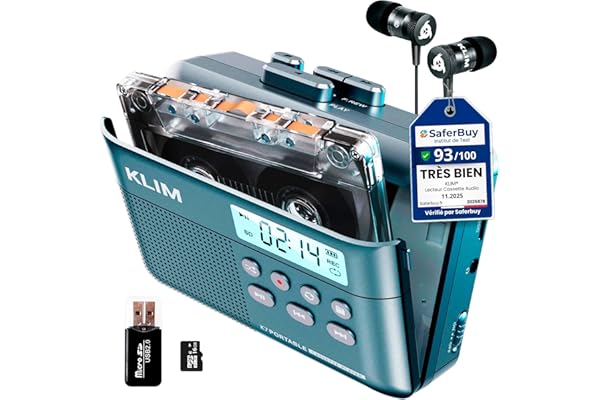 Cassette Player KLIM K7 - Lecteur Cassette Audio - Convertisseur Audio en MP3 - Microphone et Haut-Parleur intégrés - Batterie Rechargeable - Ecouteurs - Carte SD 16GB - Bleu