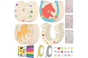 ‎KOIROI Hufeisen Kindergeburtstag Holz, 24 Stück Unvollendete Hufeisen Holzscheiben, Hufeisen Holz Zum Bemalen mit 12 Aquarellstift+Paillettenaufklebern+Glitzerband für DIY Geburtstag Party Dekoration (A)