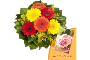RAPIDO Dominik Blumen und Pflanzen, Blumenstrauß "Marlene" mit bunten Gerbera und Goldrute und Grußkarte "Rosen"