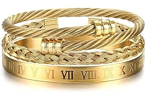 JeweBella 3PCS Bangle Bracelets for Men Stainless Steel Luxury Roman Numeral Bangle Bracelet Adjustable Cuff Bracelet Set Silver/Gold/Black