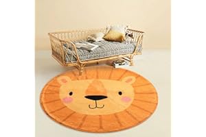 Rururug Tapis Chambre Enfant Bebe Fille Garcon Rond Ø 140 cm Dessin animé, Mignon, Orange, Lion Tapis Rampant pour Bébé Grand Tapis Doux Petite Chambre d'enfant Salon