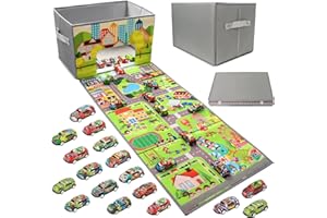 LPQKCCY Boîte de Rangement de Voiture avec Tapis de Jeu avec 20 voitures, Pliables avec Poignées Cube Rangement pour Chambre d'enfant, Salle de Jeux,Chambre, Organisateur de Jouets pour garçons et Filles