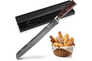 KUOGAS Couteau à pain avec bord dentelé 26 cm en acier inoxydable de haute qualité, lame de couteau extra tranchante avec manche ergonomique en bois Pakka