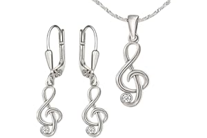 Clever schmuck Parure constituée de boucles d'oreilles pendantes notes de musique serties de strass, d'un pendentif assorti et d'une chaine maille Singapour 45 cm, en argent 925 pour femme