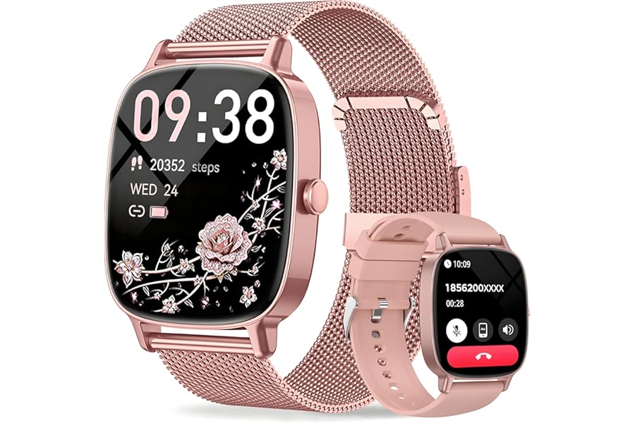 Smart Watches for Women, Answer/Make Call, 1.85'' HD Screen Fitness watch with Heart Rate/Sleep/SpO2 Monitor, Smart watch for iPhone/Android, 120+Sport Mode, IP68 waterproof - Two Straps, Rose Gold