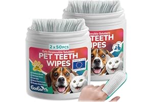 ECOEARTH Toallitas limpiadoras de dientes de primera calidad para perros y gatos - 100 piezas - Almohadillas para los dedos para el cuidado dental de mascotas para un aliento fresco e higiene bucal.