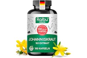 ‎RAIBU Johanniskraut Kapseln Hochdosiert - 5500 mg Johanniskraut pro Kapsel (10:1 Extrakt) - Natürliches Hypericin - 180 Kapseln, 6 Monate Vorrat - Vegan & Ohne Zusatzstoffe - Raibu