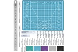 Miuzei Set di tappetini da taglio, formato A4, con righello in acciaio e 30 coltelli da artigianato, autorigenerante, tappetino da disegno (blu)