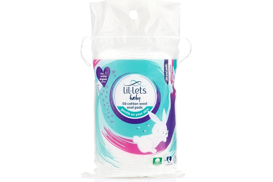 Lil-Lets Baby Cotton Wool Oval Pads, Certified Organic, 100% Pure Cotton Wool, Soft and Absorbent, Gentle on Baby's Delicate Skin, Dermatologically Tested, Ideal for Newborns, Pack of 50 Oval Pads