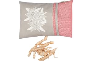 Gaidra Cuscino Benessere con Fiocchi di cirmolo - Jacquard in 100% Cotone - qualitá Artigianale dall' Alto Adige - Stile Tirolese - Stella Alpina Rosso, Beige - 20 x 30 cm