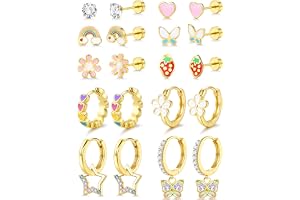 JeweBella 10 par örhängen barn flicka allergivänliga örhängen kirurgiskt stål örhängen guld/silver hjärta blomma fjäril örhän
