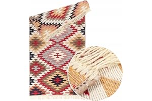 E-FLOOR Dywan Kilim Premium boho etniczny dwustronny bawełaniany sznurkowy tkany z frędzlami, 60x120 cm, aztecki beżowy