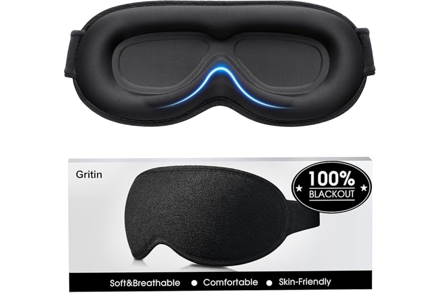 Produktabbildung zu Gritin 3D Schlafmaske für Seitenschläfer Upgrade Atmungsaktive Schlafbrille | Augenmaske mit Verstellbar Gummiband, Lichtblockierend, Bequem & Ergonomisch, für Männer und Frauen, 2 Paar Ohrstöpseln