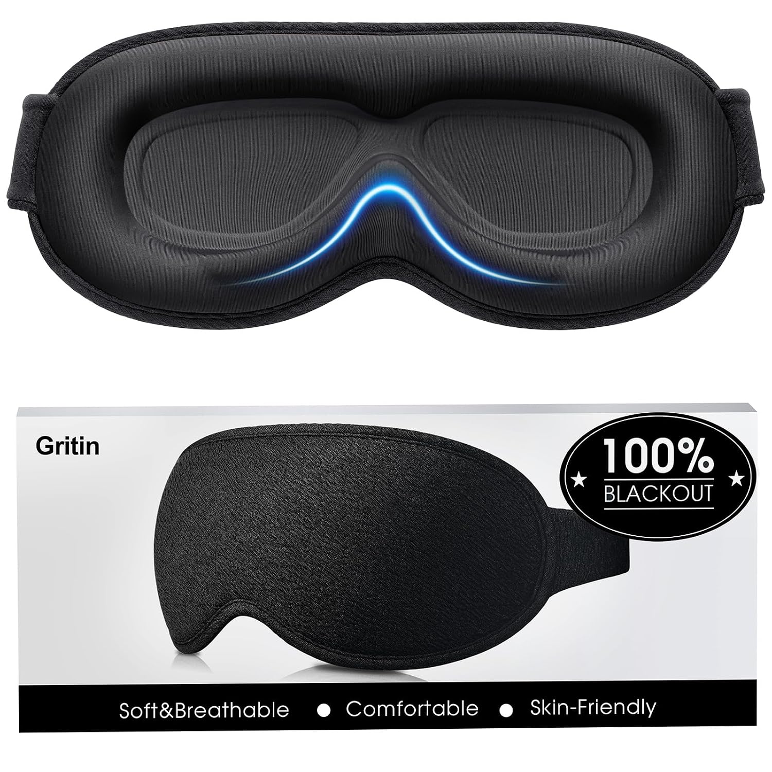 Gritin Ondoorzichtig nachtmasker voor mannen en vrouwen, slaapmasker, ergonomisch 3D-design, gebruiksvriendelijk voor wimper- en oogbewegingen, ultrazacht en comfortabel om te slapen | Ergonomisch ontwerp met 3D-ooguitsparing en wimpervriendelijke nachtband, ultrazacht en comfortabel om te slapen