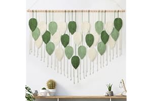 Weldomcor Macramé Tapiz Grande Tejido Tapiz Boho Macramé Hoja Decoración de Pared Pluma Chic Arte Tejido Para Dormitorio, Decoración de Salón, 130 cm Verde, Beige