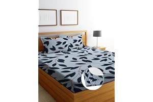 DECORUM Glace Cotton Fitted 1 Bedsheet King Size (72"x78") All Around Elastic Cotton Feel 2 Pillow Covers (17"x27") Fits Up to 8" Mattress 200-220 TC Printed Double Bed Sheet Set