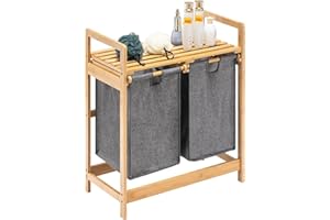 YOUDENOVA Cesto para la ropa sucia de bambú con estante, 2 bolsas de lavandería extensibles, 2 compartimentos, 73 x 64 x 33 cm, color gris