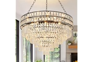 Seenvlog Modern Kristall Pendelleuchte Schwarz Kristall Kronleuchter Lichter 6-Tier Raindrop Kronleuchter Leuchte für Esszimmer Wohnzimmer Φ75cm