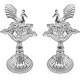 MAA SILVER Pure Silver Diya/Lamp/Deepak with Beautiful Peacock Idol at Centre & Unique Design Perfect for Gifting and Pooja Use (78 Purity)(Set of 2 Diya)(120 Grams)