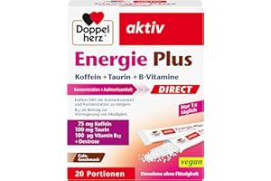 ‎DOPPELHERZ Doppelherz Energie Plus Koffein + Taurin + B-Vitamine DIRECT – Mit Vitamin B1, B5 (Pantothensäure) und B12 als Beitrag zum Energiestoffwechsel – 20 Portionsbeutel