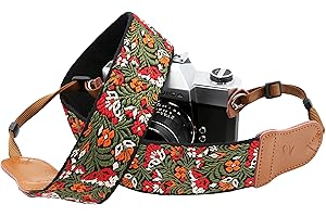 Padwa Lifestyle Correa para cámara - Cabeza de cuero de vaca de doble capa, correa para el cuello de la cámara bordada de algodón de 2"