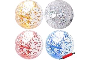 SALADOCY 4 Pcs Pelota De Playa Inflable, Balón De Playa De Lentejuelas, Decoraciones Reutilizables, con Bomba, para Niños para Adultos