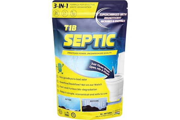 T1B Septic Tank Cleaning Powder - 3-in-1 100X Powerful Formula with Microbes & Enzymes, Odour Removal, Prevents Blockages & Clears Drains, Septic Tank Treatment Powder