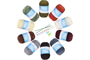 ilauke 50 g x 10 Colores Hilo para Tejer a Crochet,Hilo de Ganchillo Multicolor de Lana Acrílica con 2 Agujas de Ganchillo de 4 mm y 5 mm y Enhebrador,Marcas de Punto para DIY y Tejido a Mano