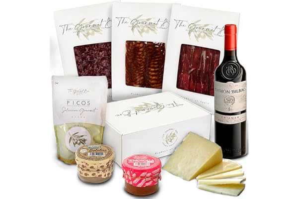 GOURMET BOX | Cesta para Regalar | Jamon Selección Gourmet, Salchichon y Chorizo Iberico de bellota, Queso de Oveja 100%, Patés de Boletus y Morcilla, Picos Artesanos y Vino Ramon Bilbao