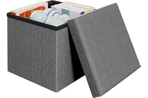 Klihome Pufa podnóżek do przechowywania, kostka do przechowywania 30 x 30 x 30 cm, małe pudełko do gier, składany stołek z wyściełanym siedziskiem, len, ciemnoszary, K0005SH