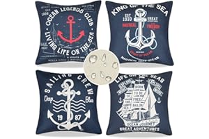 ELITEHOMECOMFORTS Fundas Cojines Impermeables Funda Cojin 40 x 40 cm Lino Funda Cojines Verano Estilo Marinero Náutico Ancla Velero Fundas de Cojines Para Jardín Balcones Camping Muebles de Patio Al Aire Libre
