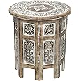 Aisha Craft House Small Rustic Wood Table Round White Side end Carved Indian Coffee Accent