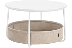 ‎VASAGLE VASAGLE Okrągły stolik kawowy, stolik z miejscem do przechowywania, stolik boczny, stolik do salonu z koszem z tkaniny, nowoczesny, metalowa rama, matowy biało-camelowy brąz LCT244W10