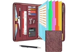 Leathario Carpeta de Conferencias Organizadora Personal de Viaje Portafolio de A4 Documentos con Cierre de Cremallera con Panel de Escritura Calculadora Solar