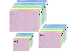 DOTTALL 15 PCS Pochettes de Classement A4+A5+A6 (5 de Chaque), 5 Couleurs de Chemises pour Fichiers avec Fermeture éclair, Maille PVC Plastique Zipper Pouch pour Documents, Fichier, Devoirs, Papier, Reçus