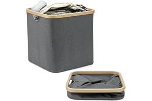 NOSTHEART 40L Panier à linge avec couvercle, Collecteur de linge plat avec poignées latérales en bambou Sac à linge pliable Idéal pour la famille
