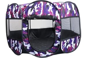 KEESIN Welpenauslauf,Welpenlaufstall Tierlaufstall Faltbar Zelt 8-Panel Mesh Haus für innern Oder Außen (Tarnung Lila,M, Roud)