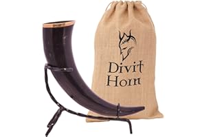 DIVIT HORN Corne à Boire Viking avec Support en Fer véritable Divit | Ornements en Laiton et Sac-Cadeau en Toile de Jute Inclus | Corne,13’’ et capacité de 16 oz (450-500 ML)