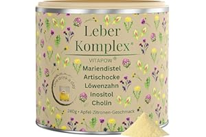 VITAPOW Leber Komplex als Trinkpulver - Mariendistel Artischocke Löwenzahn Cholin Inositol - vegan - laborgeprüft - in Deutschland hergestellt - 60 Portionen für 2 Monate - Apfel-Zitronen Geschmack