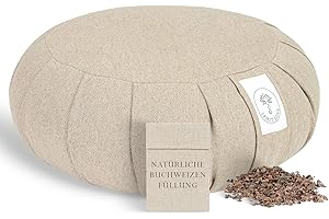 ‎SPIRIT LOVE Yogakissen Zafu Mit Bio-Buchweizenschalen | Meditationskissen Mit Trageschlaufe | Waschbarer Bezug aus Leinenstoff | Sitzkissen Perfekt für bequemes und Sanftes Yoga | 100% Natürlich - 35x13cm Zafu