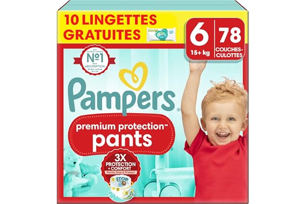 Pampers Premium Protection Pants Taille 6, 78 Couches-Culottes, 15+kg, Avec Maintien 360° et Matières Ultra-Douces Pour Notre Meilleur Confort Et Protection + 10 Lingettes Harmonie Aqua Gratuites