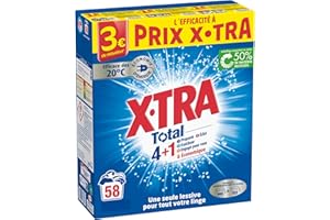 X-TRA X, Tra Total - Lessive Poudre - 4 plus 1 - Propreté - Eclat - Fraîcheur - Engagé pour vous - Economique - Une seule lessive pour tout votre linge - Efficace des 20°C - 58 mesures